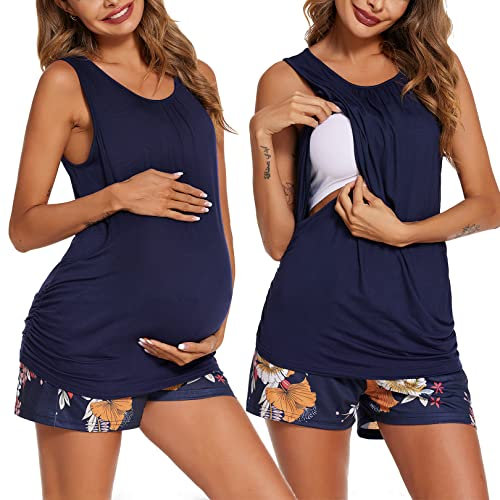 Ekouaer Pyjama d'allaitement Court pour Femme Deux pièces avec Taille élastique réglable Haut d'allaitement et Pantalon pour la Grossesse Fleur Bleu Marine S
