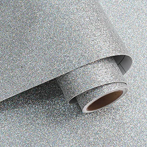 VaryPaper Glitzer Selbstklebend Tapete Silber 40cmx200cm Dekofolie Möbelfolie Glitzer Selbstklebende Folie für Möbel Klebefolie für Schrank Wandverkleidung Selbstklebend Schlafzimmer Kinderzimmer