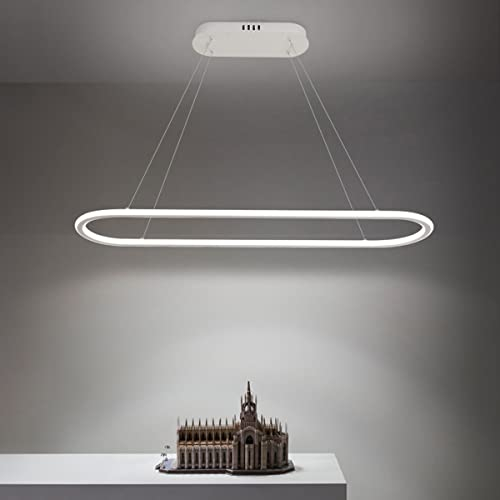 LED Büro Pendelleuchte Modern Ovales Desig Esstisch Hängeleuchte dimmbar mit Fernbedienung Pendellampe hoehenverstellbar Deckenlampe für Büro Esstisch Arbeitszimmer (Weiß, L90cm/45W)…