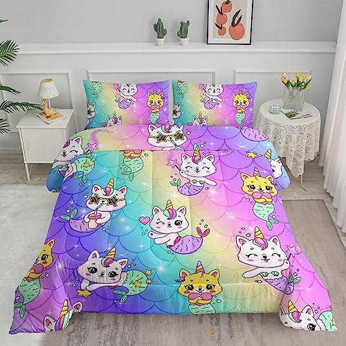 Axolotl Einhorn-Katzen-Bettwäsche-Set, niedliches Cartoon-Katzen-Bettwäsche-Set, Regenbogen-Meerjungfrauenschuppen, bedruckt, Kinder-Bettwäsche-Set für Mädchen, Kinder, Erwachsene, Teenager, Mädchen,