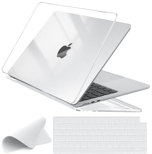 EooCoo Hülle Kompatibel für MacBook Air 15 Zoll M4 A3241 M3 A3114 M2 A2941 mit Touch ID, 2023 2024 2025 Freisetzung, transparente Kunststoff Schutzhülle + Tastaturschutz + Poliertuch, Kristall Klar