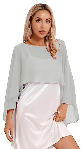 TiaoBug Damen Chiffon Stola Schal Poncho Vorne Kurz Hintern Lang Umhang Cape asymmetrisches Oberteil über festliche Kleider Brautkleid Accessoire Grau Einheitsgröße