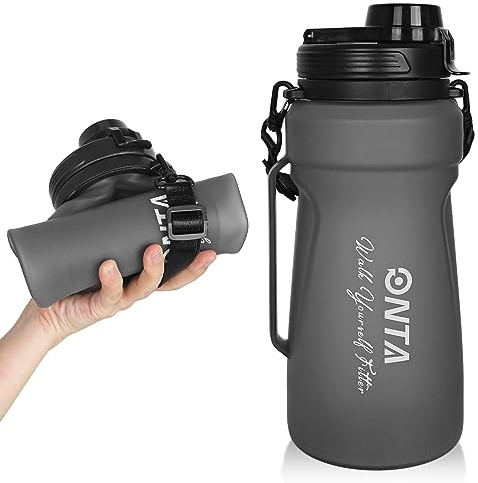 ONTA Foldable Water Bottle - 1,5 L Faltbare Silikon Trinkflasche mit Zeitmarkierung und Strohhalm, BPA-frei, Sport Wasserflasche Faltbar, für Reisen Radfahren Fitness Camping Wandern Outdoor (Schwarz)