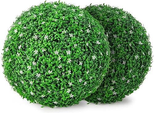 TANGZON 40/48/50/52CM Artificial Topiary Balls, Set of 2 Round Fake Boxwood Topiary Leaf Plants, Indoor Outdoor Hanging Decorative Faux Buxus Grass Balls for Home Office Garden (48CM, with Flowers)