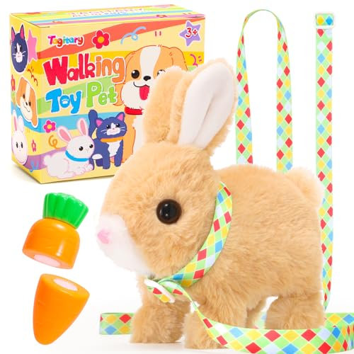 Tagitary Jouet électronique en peluche avec sons, oreilles qui bougent, saute, bouche et nez secoués, jouet interactif pour enfants avec laisse, cadeau de Pâques, de Noël, d'anniversaire pour les