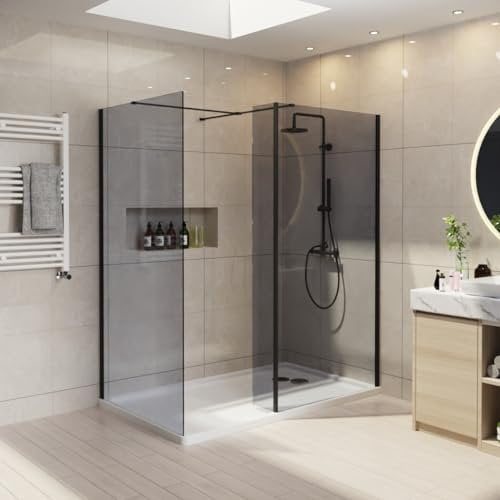 NRG Wet Room Walk in Glass Screen Panel Shower Enclosure 2 Pieces of 8mm Grey Screen (800x1950mm+900x1950mm) + 300mm Return Panel - Black Profile
