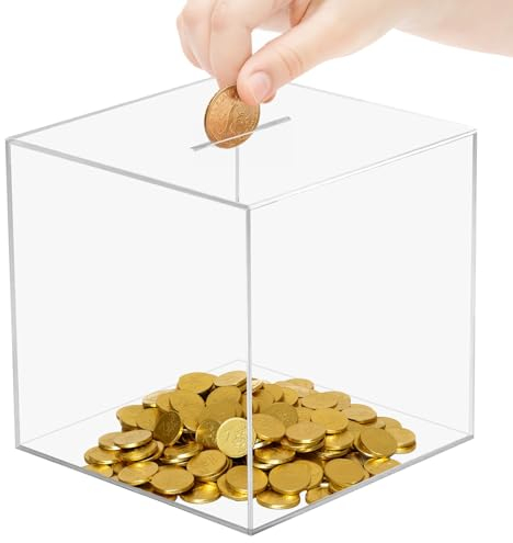 SUNJULY 12x12CM Clear Acrylic Money Box,Glass Unbreakable Bank Transparent, Saving Piggy Box Acrylic Money Saving Box For Adults Or Kids (4.72”x4.72”)