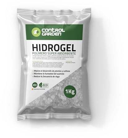 GROWMANIA.ES Control Garden Hidrogel Retenedor de Agua para Plantas y Cultivos 1 KG | Agua Sólida para Riego de Interior y Exterior | Polímero Súper Absorbente Retenedor de Lluvia hasta 300 L
