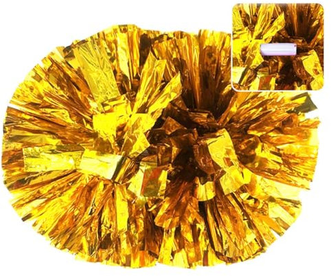 Hrlace 2 Stück Cheerleading Pom Poms Metallfolie Cheerleader Pompons Bunte Cheer Blumenkugel Griffblumen Kunststoff Handblume für Erwachsene Kinder Sport Cheers Gold Handgriff L=35cm