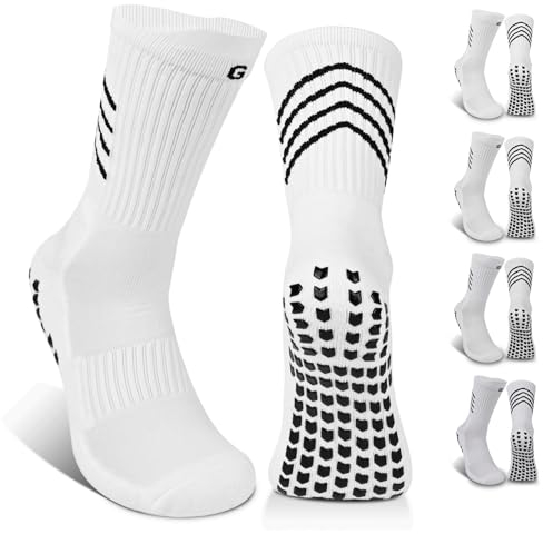 Gogogoal Anti-Rutsch Grip Fußball Fussball Männer Jugend gepolstert atmungsaktiv Baumwoll rutschfeste Sport Crew Trainer Sneaker Socken Rugby 43-50 Weiß L 4 Paar