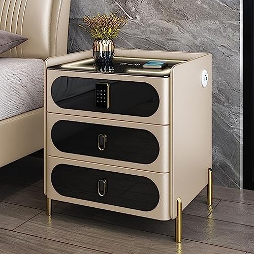 Smart Bedside Table with Smart Combination Lock, Wireless Charging, LED Lights, USB Port, Bluetooth Speaker - Multifunctional LED Side Table for Bedroom/Living Room
