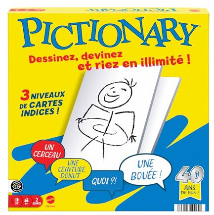 Mattel GamesPictionary Jeu de société familial pour enfants et adultes, soirée jeux pour 2 équipes, avec feutres et ardoises effaçables et sablier, Versión en Francés, JDX98