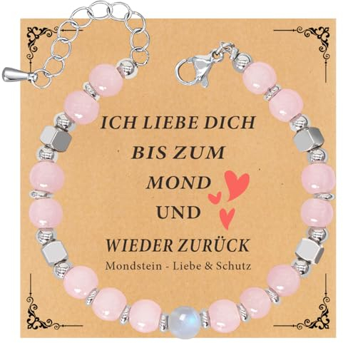 HAYOUWAY Mondstein Armband Damen Mädchen Amazonit Perlenarmband 6mm Edelstein Armband, Geschenke für Frauen Mädchen Mutter Tochter Armband Geschenke Armbänder (Mondstein & Rosenquarz)