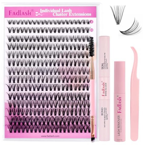 Fadlash Eyelash Extension Kit 0.07 D 8-16mm 30D Wispy Lashes Cluster Lashes Glue Bond And Seal With Tweezers&Eyebrow Brush Eyelash And Lash Adhesive Remover DIY At Home