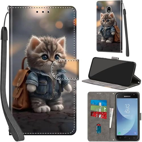Handyhülle für Samsung Galaxy J3 2017 Hülle PU Leder Schutzhülle Klappbar mit Kartenfach Ständer Handytasche mit Kameraschutz Flip Case Klapphülle für Samsung J3 2017, Katze