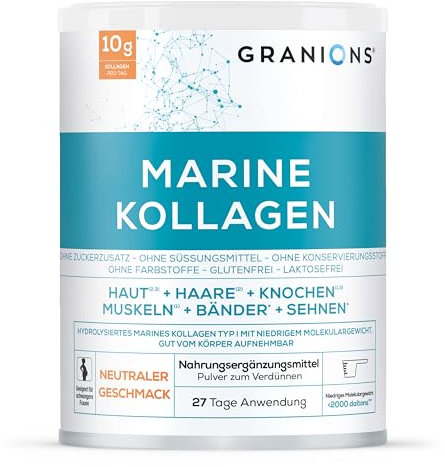 GRANIONS Collagene Marin - Collagene Marin Type 1 - Collagène hydrolysé de bas poids moléculaire (< à 2000 daltons) - Vitamine C - Collagene Marin Poudre - 10g Collagene - Goût Neutre - 27 jours