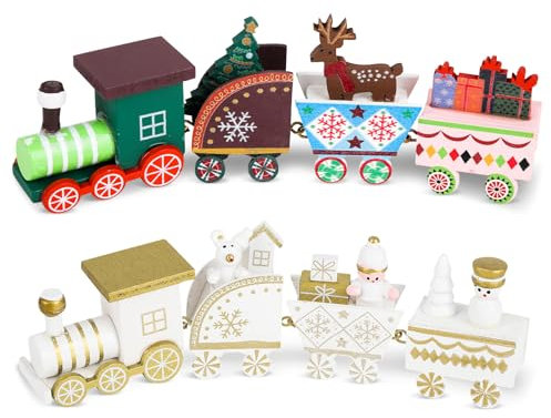 2 Stück Weihnachtszug Deko, Mini Holzzug, Weiß-Bunt Ornamente, Kleiner Tischdeko, Rentier Geschenke für Kinder, Neujahr Xmas Party Dekoration
