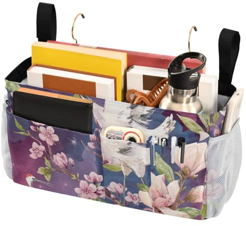 FRODOTGV Bedside Hanging Storage Basket Hanging Organizer Bag With Pockets for Books Mobile Phones Keys Water Bottle Watercolor Pattern Red Heads Crane