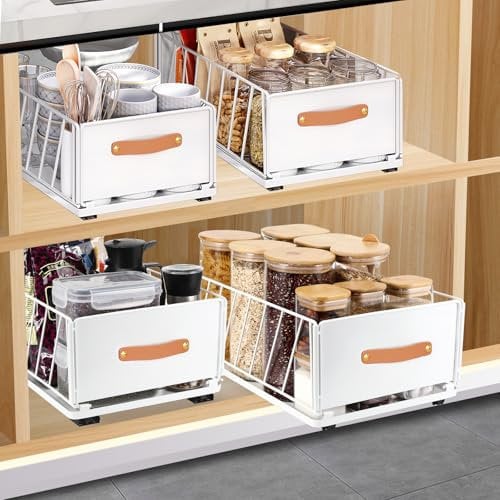 Pavlleen Teleskopschublade, Ausziehbarer Schrank Organizer,für Kabinett Metall Slide Out Organizer mit Griff Küche Aufbewahrungsregal Klebebänder Korb Schublade für Schrank,Weiß,40x15.5x25cm