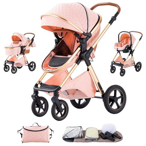 Shineey kinderwagen 3 in 1 Buggy Babybett Komplett Set Einem Klick Zusammenklappbarer Kinderwagen, 3 in 1 KombiKinderwagen Aluminiumrahmen für Neugeborene