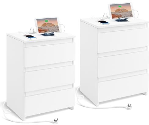 Yaheetech Bedside Tables Set of 2 with Charging Station - Nightstand with 2 USB Ports, 2 Outlets & 3 Drawers, End Table for Bedroom, Living Room, Small Spaces, White