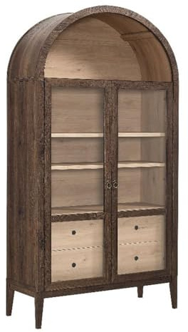 Modway Nolan Tall Arched Storage Display Cabinet in Walnut Light Oak - 74 Inch Arch Bookshelf with Glass Doors, Shelves and Drawers - Modern Accent Cabinet for Living Room, Dining Room