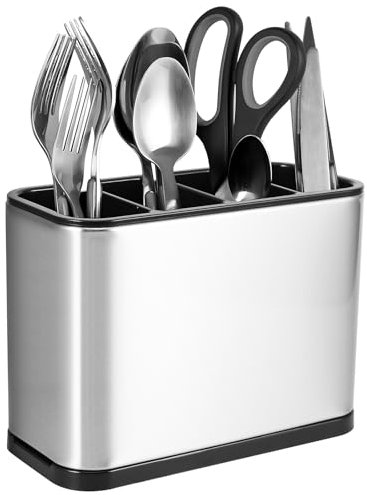 Miawtro Stainless Steel Cutlery Drainer, 4-Compartment Cutlery Drainer with Drain Holes and Removable Water Collector, Cutlery Organiser with Non-Slip Bottom for Spoon, Spatula, Fork, Knife Storage
