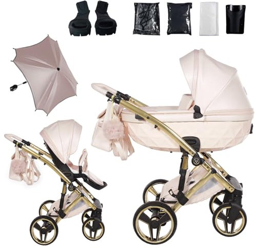 Junama Passeggino TRIO Candy Premium 01 Rosa e Oro - 2in1 3in1 4in1 + ombrellino (2 in 1 con Adattatori)