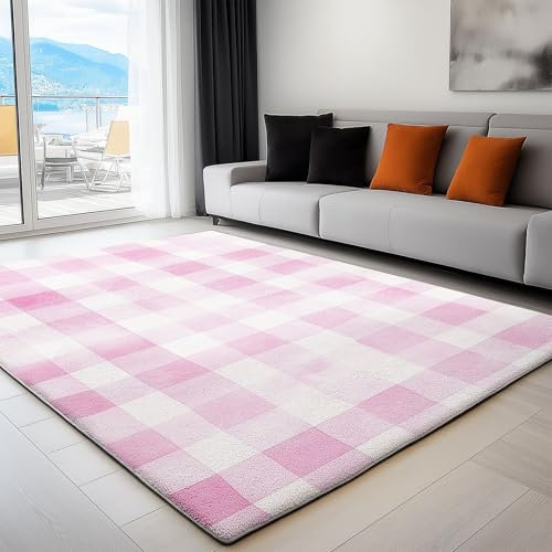 Générique Tapis de Salon Chambre Rose, Tapis Enfant Adulte Damier Rose Violet Antidérapant Poil Court Léger Résistant Doux 140x200 cm Salle à Manger Bureau Design