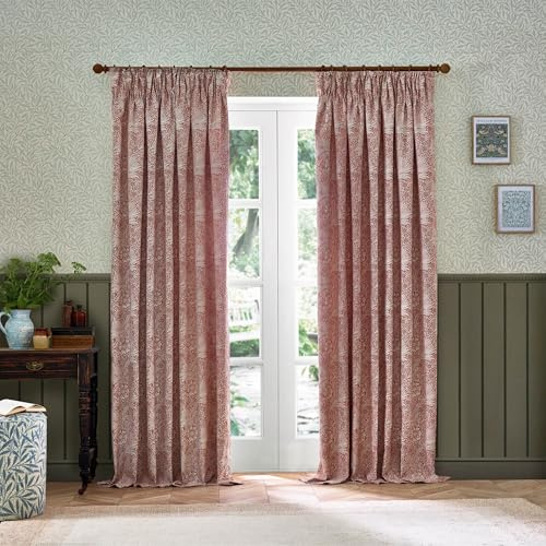 Morris&Co. Marigold Pencil Pleat Curtain Pair – Jacquard Lined Floral Heritage Drapes (Russet - 168x137cm)