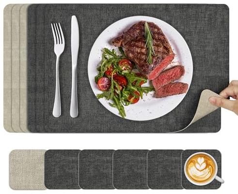 KitchenBoss Platzsets Abwaschbar Tischsets Abwaschbar: Platzdeckchen und Untersetzer 6er Set Hitzebeständig Tischset rutschfest Doppelseitigen Platzset 43x30cm,10x10cm (Beige-Dunkelgrau)