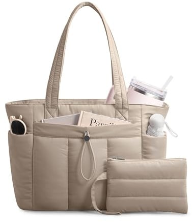 TOPDesign Puffy Tragetasche für Damen mit Getränkehalter & Laptopfach & Kosmetiktasche & Trolleyhülle für Arbeit, Reisen, CAMEL, Large, Casual