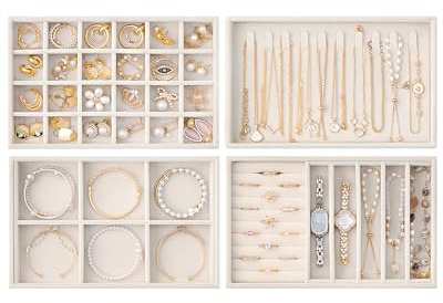 Lolalet Samt Schmucktablett Organizer, Stapelbar Schmuck Schublade Schmuck Organizerblett Schmuckaufbewahrung für Halskette Ohrringe Ringe -Beige, 4 Lagen