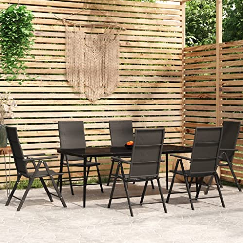 Yunovire 7-TLG. Garten-Essgruppe Schwarz, 200x100 cm Outdoor Esstisch mit gehärteter Glasplatte, 6 verstellbare PE-Rattan Stühle, wetterfestes Balkonmöbel Set für Terrasse