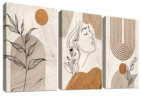 3 Pcs Bohemio Tono Tierra Marco de Madera Cuadro Moderno Lienzo Decorativos Pintura Elegante Abstracto Cara Mujer Imagen Geométrico Sol Luna Cuadros Decoracion Salon Dormitorios Pasillo 50cmx70cmx3