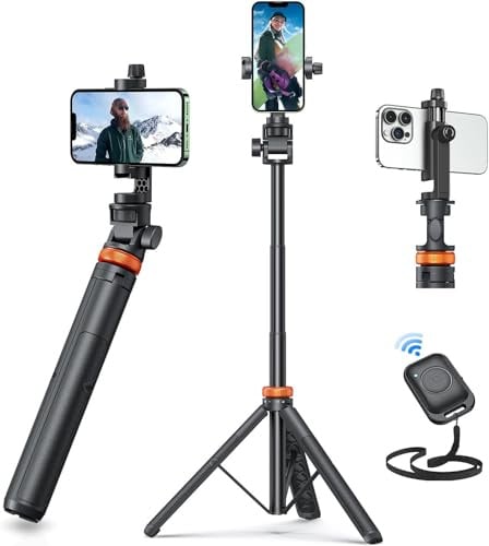 eucos Treppiede per cellulare per smartphone e bastone per selfie con telecomando, 158 cm, componenti strutturali e segmento estensibile, estensibile, girevole, per iPhone/Android