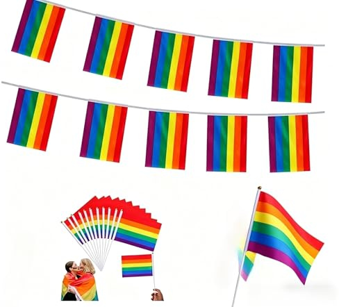 NiceNaiils Bandiera della Pace, 6 Metri Bandiera Arcobaleno Pace + 10 Bandierine Arcobaleno, Bandiere LGBT per Feste, Sfilate del Mese Dell'Orgoglio, Decorazione del Giardino