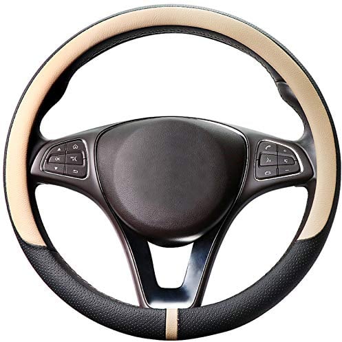 COFIT Lenkradbezug für Auto Universal LenkradhüLle Anti-Rutsch Lenkrad Bezug Leder SchutzhüLle M 37-38cm Beige und Schwarz