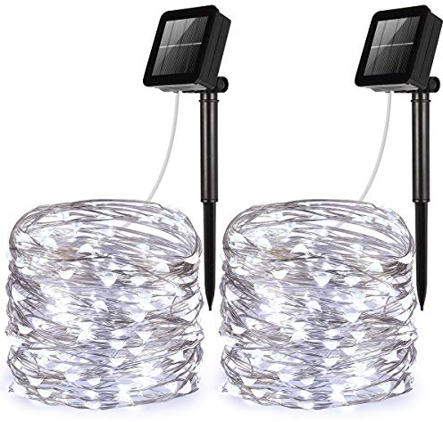 【2 Pack】 Criacr Solar String Lights Outdoor Garden, 120 LED 12M/40Ft Solar Fairy Lights with 8 Modes, Waterproof Indoor Outdoor Copper Wire Solar Garden Lights for Tree Patio Garden Party (White)