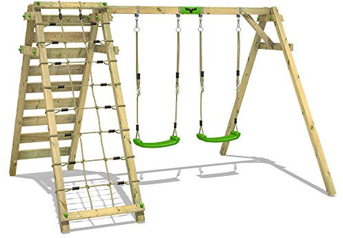 FATMOOSE Kinderschaukel Schaukelgestell JollyJungle Wild XXL - Doppelschaukel mit Kletteranbau, Schaukelgerüst, Holzschaukel für Kinder im Garten