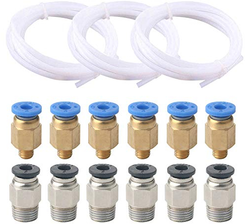 QitinDasen 3 Meter 3D Drucker PTFE Teflonschlauch, mit 6 Stück PC4-M6 Pneumatik Verbinder und 6 Stück PC4-M10 Pneumatik Verbinder