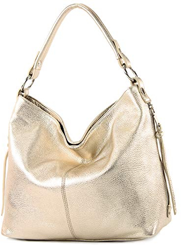 modamoda de T160 Damen Leder Schultertasche Henkeltasche Large handmade in Italy, Farbe:Light Gold