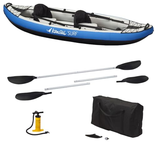 Kangui Canoa Kayak hinchable azul de 1 a 2 plazas, remo + bolsa de transporte + bomba de doble acción + kit de reparación