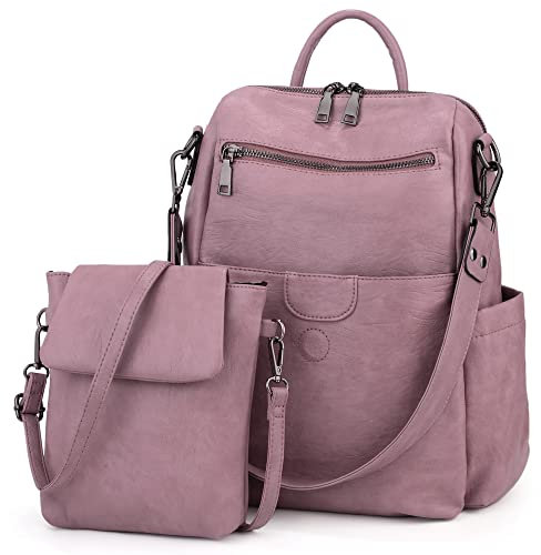 UTO Rucksack Damen Leder mit Abnehmbar Crossbody Schultertasche 2 in 1 Multifunktion Magnetischer Klappdeckel Schule Handtasche Schulrucksack Rucksackhandtaschen Daypack Gewaschen Leder Dopplelila