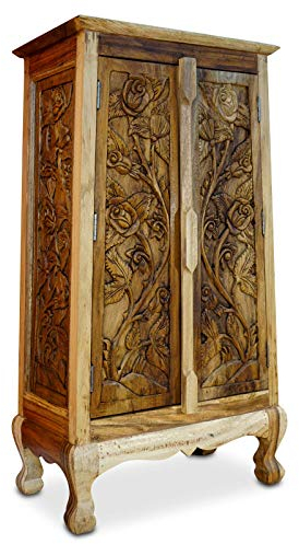 Kommode SIAM I - 100x57cm Massivholz Schrank aus Akazie mit geschnitzten Rosen verziert (Natur)