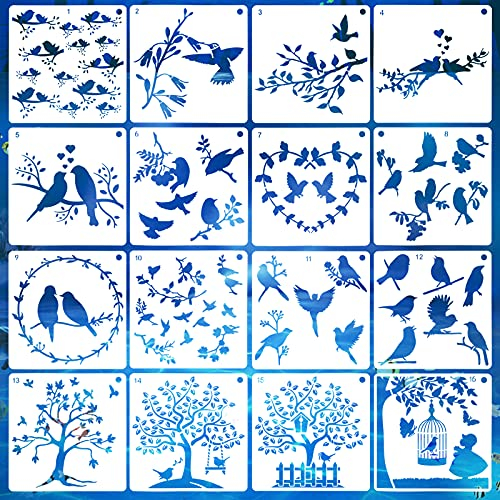 AvoDovA 16 Stück Schablonen für Zweige und Vogel, Schablone für Vogelmalerei, wiederverwendbar, Schablonen für Vogelmalerei, zum Basteln, Handwerk, Wanddekoration, 15 x 15 cm
