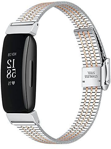 Maucoray Uhrenarmband Kompatibel mit Fitbit Inspire/Inspire HR/Inspire 2 Armband, Edelstahl verstellbares Armband, Ersatz Zubehör Armband (Silber/Roségold, For Fitbit Inspire 2)