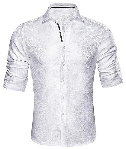 Barry.Wang Men Dress Shirt Silk Luxury Paisley Floral Long Sleeve Big and Tall Wedding Party Casual Business Formal Shirts White S-3XL