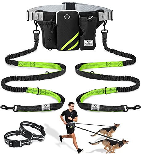 SHINE HAI Einziehbare Hundeleine mit Zwei Bungees für 2 Hunde, Verstellbarer Taillengürtel, reflektierende Nähte für Laufen, Spazierengehen, Wandern, Joggen, Radfahren, Schwarz - Grün