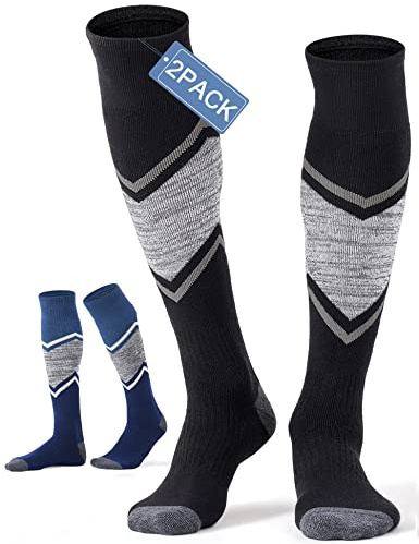 FITRELL 2 Pack Men's and Women's Ski Socks Full Cushioned Winter Merino Wool Thermal Knee High Warm Boot Socks for Skiing Snowboarding, Black+Blue, Large